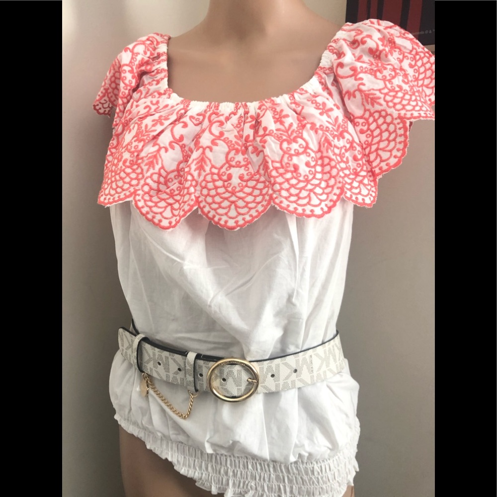 Peach scalloped embroidered off shoulder blouse